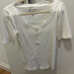 LOFT Cream Ribbed Short Sleeve Top